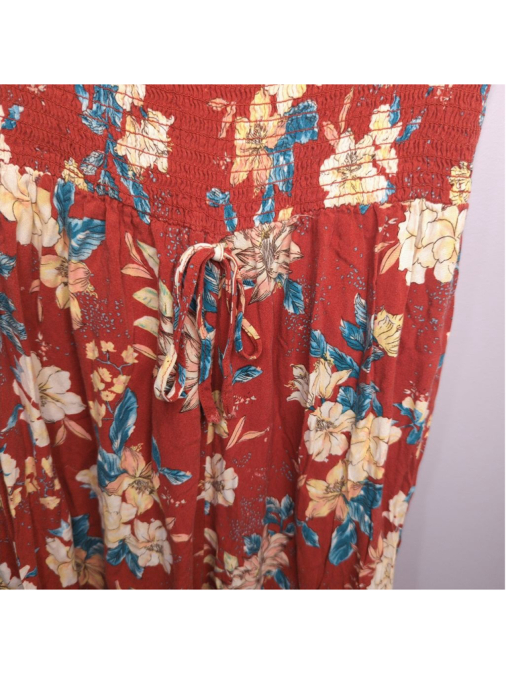 Smocked Floral Strapless Jumpsuit Sz M Wide Leg Rust Orange Boho Chic - Picture 6 of 10